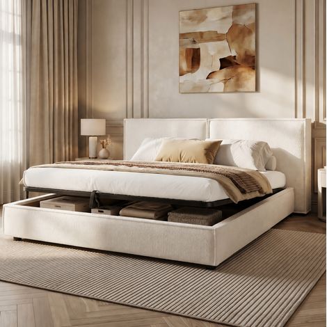 Cama tapizada matrimonial 220x206x76 cm, con somier, arcón hidráulico, cabecero acolchado, bouclé blanco (1/5)