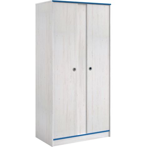 Armoire 2 portes aspect bois blanchi avec chants bleus en façade - MISYLIA (1/5)