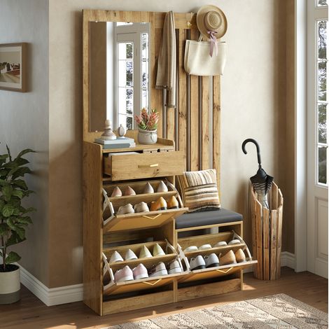 Mobile ingresso compatto con specchio, panca e scarpiera in MDF naturale (1/5)