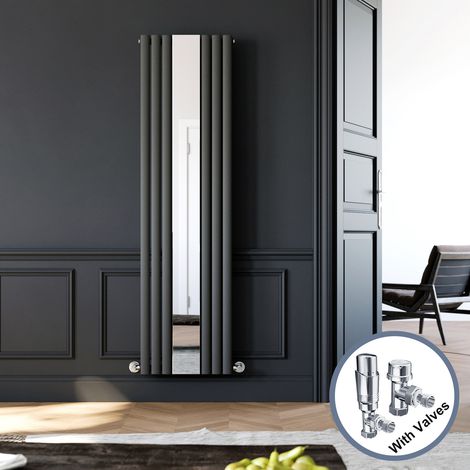 ELEGANT 1800 x 500 mm Anthracite Vertical Column Radiator Single Oval Panel Designer High Heat Output Mirror Radiator + Chrome Thermostatic Radiator Valves (1/5)