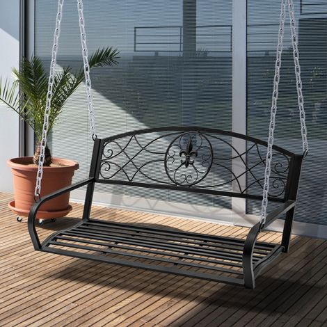 Balançoire de jardin Hollywood Swing, banc suspendu 2 places avec chaînes, métal noir 132 x 63 x 58 cm pour jardin et terrasse
