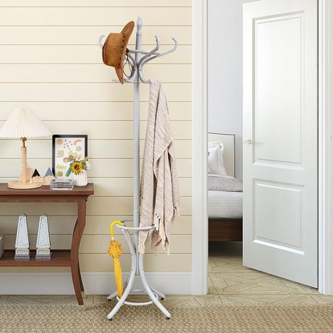 COSTWAY 184cm Garderobenständer mit Schirmhalter, Jackenständer mit 12 Kleiderhaken, Kleiderständer aus Holz, Garderobe Standgarderobe für Flur, Wohnzimmer und Schlafzimmer (Grau) (1/5)