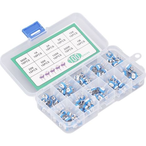 Set mit 100 einstellbaren RM065-Potentiometern (blau und weiß) von 500 Ω bis 1 MΩ, 10 variable Widerstandswerte (10 Werte). (1/5)