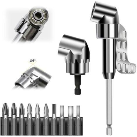 Renvoi d'Angle Visseuse Kit, 2025 Nouveau modèle Tête de tournevis incurvée multifonction, Embout Visseuse Axe hexagonal de 1/4 pouce Pour garages, travailleurs de la constructionf (Longue + Courte)