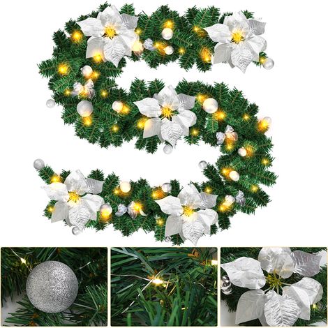 TolleTour Ghirlanda natalizia artificiale, 2.7 m, 50 LED bianco caldo, con palline, fiocchi di neve e nastri, a batterie - per interni ed esterni riparati, d... (1/5)