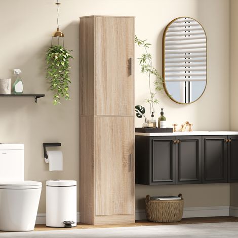 Meuble de salle de bain colonne avec 2 portes et 4 étagères réglables, 40 x 35 x 180 cm, bois naturel (1/5)
