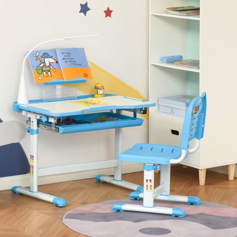 Schulschreibtisch mit Stuhl für Kinder von 6–12 Jahren, höhenverstellbar, 45° neigbare Tischplatte und LED-Lampe, Stahl und MDF, Blau