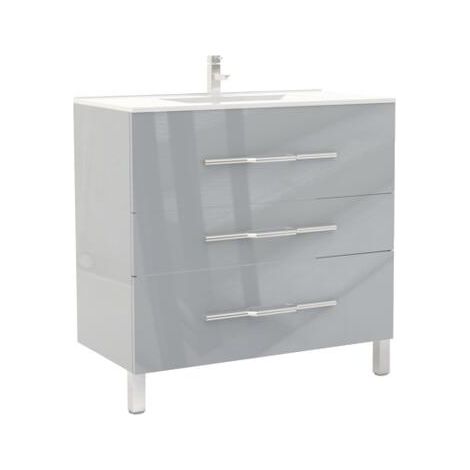[JAMAIS UTILISE] ONDEE ZEN - Meuble de salle de bain à poser ALAN - L90cm - Gris - Laqué brillant (1/4)