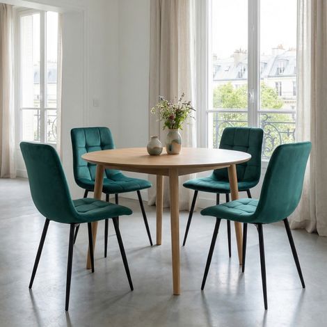 Set di 4 sedie da pranzo (H. 86 cm), sedie da soggiorno con schienale ergonomico, velluto e gambe in metallo, stile moderno, Verde scuro