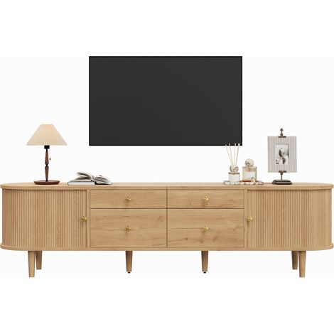 Meuble TV bas aux extrémités arrondies, structure ondulée tridimensionnelle, portes coulissantes, 4 tiroirs, pieds en bois, poignées en métal (1/5)