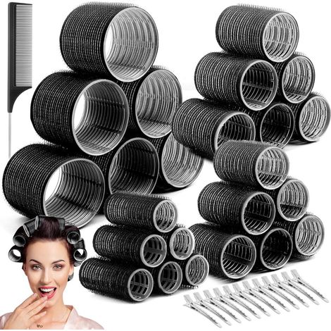 Bigoudis pour cheveux femmes, lot de 24, sans chaleur, avec 12 pinces, 4 tailles (jumbo, grand, moyen, petit). Bigoudis auto-agrippants pour cheveux longs, mi-longs, courts, épais, fins, volume et fra (1/5)