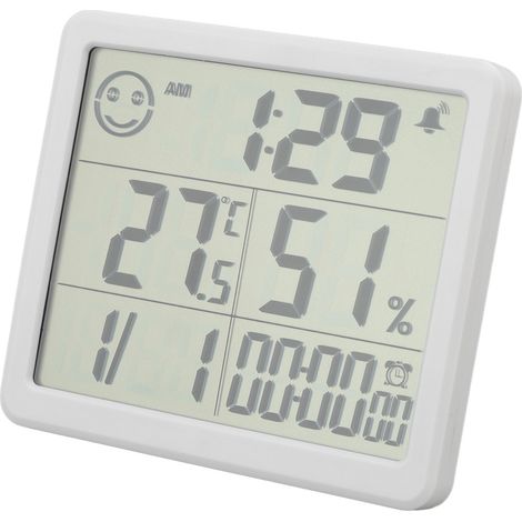 Digitales Innenthermometer mit Hygrometer, Uhr, Datumsanzeige und Timer – für Babyzimmer, Wohnzimmer, Büro, Gewächshaus – Batterien enthalten – weiß (1/5)