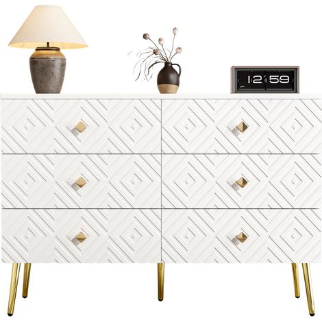 Commode 6 tiroirs 120x40x80 cm, blanc et or – Design moderne, rangement élégant pour chambre et salon (1/5)