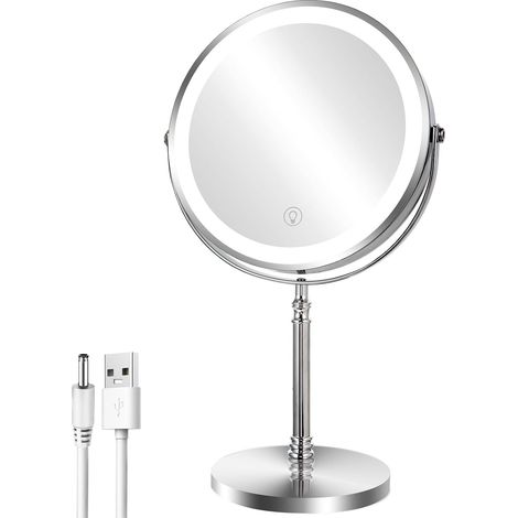 Miroir de maquillage grossissant de 20,3 cm avec lumière - Rotation 1X/10x à 360° - Miroir de maquillage avec éclairage rechargeable - 3 lumières colorées - Miroir de courtoisie lumineux sur (1/5)