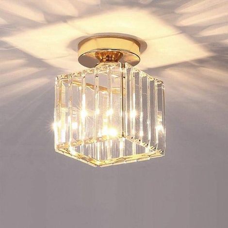 Plafonnier Moderne Lustre Abat-jour en Cristal et Métal LED Suspension Luminaire éclairage E27 Lampe de Plafond Carré, Doré (1/3)