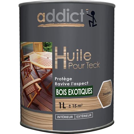 Huile pour teck 1 Litre – Semi-siccative incolore pour entretien bois exotique – Aspect satiné – Consommation 12 à 15 m²/L – Addict