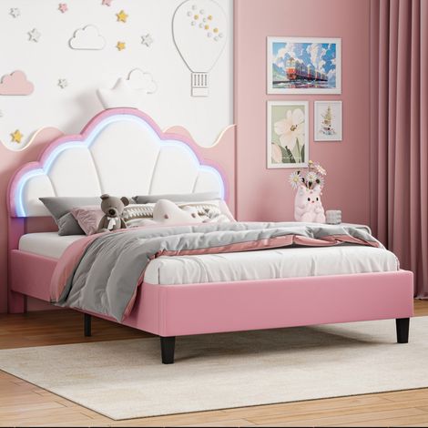 Lit Filles rembourré,lit princesse enfant 140x190 Lit double,Cadre de lit d'Enfant et d'Ado avec LED, tête de lit Couronne et réglable en Hauteur,Rose+Blanc (1/5)