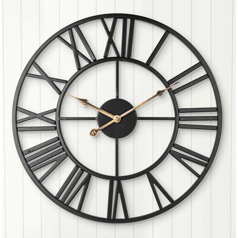 Silent Wall Clock, European Farmhouse Vintage Clock with Roman Numerals, 40cm Metal Skeleton Battery Operated No Ticking Decorative Clock for Home Kitchen (Black) (1/5)