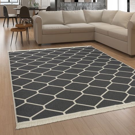 Paco Home Teppich Wohnzimmer Boho Waschbar Bis 30 Grad Skandinavisch Mit Fransen Wendbar 80x150 cm, Anthrazit 5