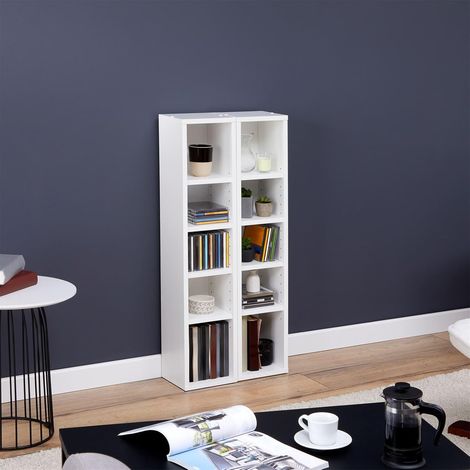 Etagères modulables pour CD, DVD et Livres, Lot de 2 Meubles de Rangement en Colonne, 10 Compartiments, Design Moderne, Pratique, mélaminé Blanc Mat (1/4)