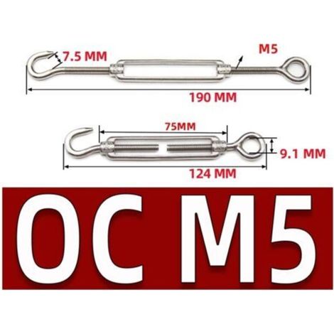 M5 Tendeur Cable Acier Inoxydable, Lot de 6 Tendeur de Fil Crochet et œillet Réglable Heavy Duty Tension Hook & Eye pour Corde Cable Fil à Linge(Type OC) (1/5)