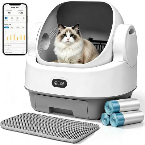 Selbstreinigende Katzentoilette – Offene automatische Katzentoilette mit App-Steuerung – 9-Liter-Behälter, Katzentoilettenmatte und 40 Beutel (1/5)