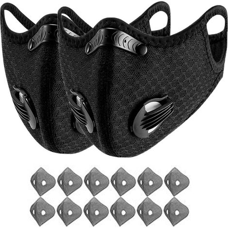 Masque de cyclisme réutilisable avec filtre à charbon actif, noir(2 masques faciaux + 12 cartouches filtrantes) (1/5)