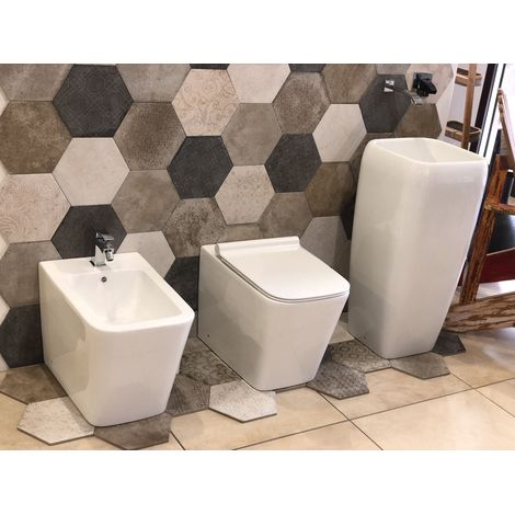 EDGE EN EL SUELO - Conjunto de pareja de sanitarios en la pared, de forma cuadrada, con asiento de cierre suave incluido, sanitarios de cerámica blanca brillante