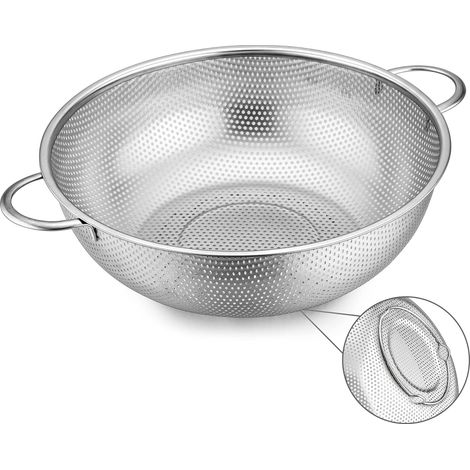Stainless steel colander 22 cm, metal kitchen colander with handle, micro-perforated strainer for cleaning and draining vegetables/fruit, (1/5)