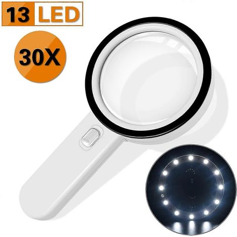Leselupe, 30-fache Vergrößerung, beleuchtete Lupe mit 13 LEDs, 128 mm, zum Lesen, Erkunden und Betrachten von Weltkarten (1/4)