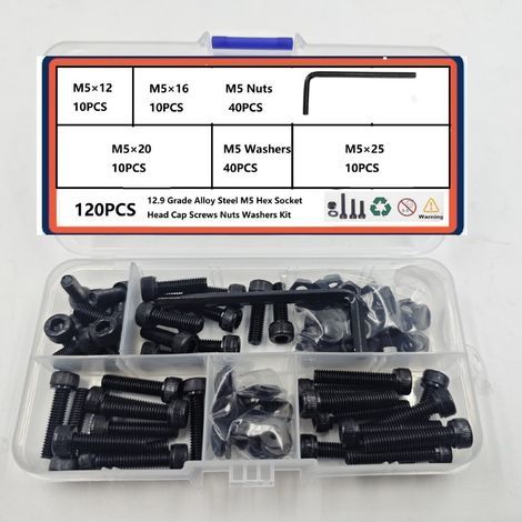 120 pcs vis à tête hexagonale M5, classe 12.9 en acier allié, revêtement noir zingué, kit de fixation pour assemblage mécanique (1/4)
