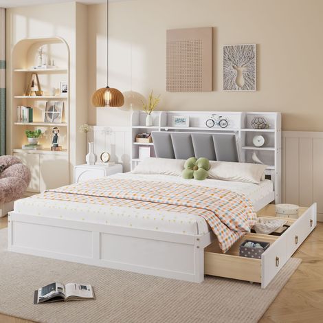 Cama doble 160x200 cm almacenamiento integrado tres cajones con ruedas madera MDF terciopelo color blanco (Sin colchón) (1/5)