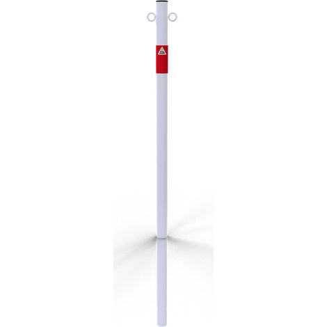 Schake Absperrpfosten aus Stahlrohr verzinkt Ø42x2,5mm weiß mit rot reflektierenden Leuchtstreifen und Kunststoffkappe 900mm Überflur zum Einbetonieren mit 2 Ösen