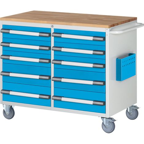 eurokraft pro, Établi compact, mobile, 10 tiroirs, h x L 975