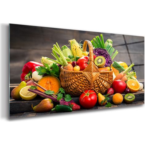 Tableau sur verre – 100 x 50 cm - Tableau mural décoratif - Verre Décorative - Panier de Fruits (1/5)