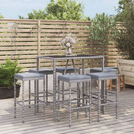 Ensemble Table de bar + 6 Chaises de bar de jardin - Table Haute avec 6 Tabourets avec coussins gris poly rotin BV631950 - BonneVie (1/5)