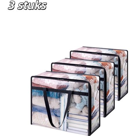 Lot de 3 sacs de rangement pour vêtements transparents, pliables et zippés, d'une capacité de 40 litres. Idéaux pour ranger le linge de lit, les couettes et les couvertures. Transparents. (1/5)