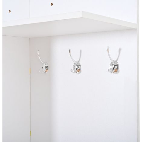 Port-manteau, vestiaire, banc à chaussures, garde-robe, 2 tiroirs, 3 patères pour vestes et chapeaux, un miroir en verre, trois étagères à côté, entrée, chambre, salon, 90x30x180cm, blanc (1/5)