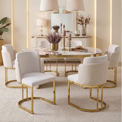 2 Esszimmerstühle, bequem und atmungsaktiv, geeignet für Restaurants, Wohnzimmer, Cafés und andere Orte, moderner Stil, goldfarben galvanisierte Stuhlbeine, Chenille-Stoff, Beige + Gold (1/5)