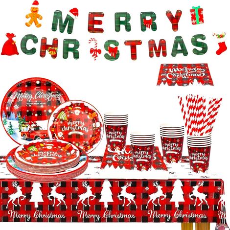 127 Pièces Vaisselle en Papier de Fête de Noël, 25 x 23CM Assiettes Plates, 25 x 19CM Assiettes à Salade, 25 x Tasses de 270ml, 25 x Serviettes, 25 x Pailles, 1 x Nappe, 1 x Bannière (1/5)