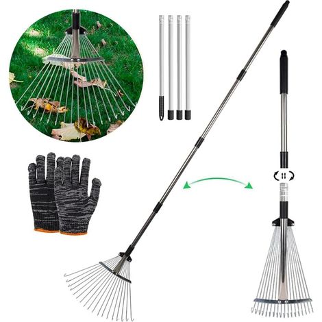 Adjustable Leaf Rake with Handle 215 cm, Metal Leaf Rake with Gloves, Garden Rake, Leaf Rake, Rake for Cleaning Plants, Lawn and Yard (1/5)