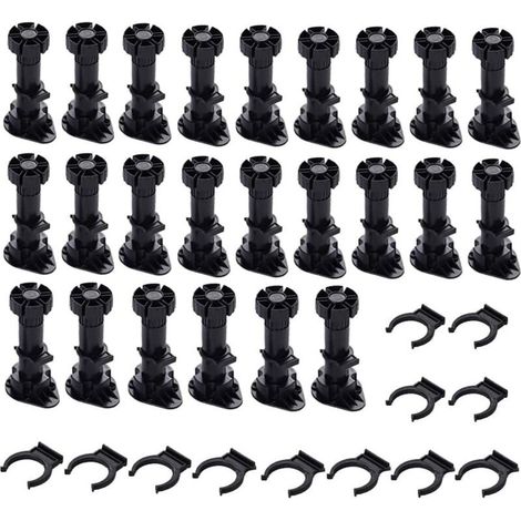 24 pieds Pieds D'Armoire Plastique,Pied de Meuble,Pied Réglable pour Meuble,Noir Pieds de Meuble Plastique avec Clip Fixation Base pour Meubles de Cuisine,Armoire et Canapé (120mm-150mm) (1/5)