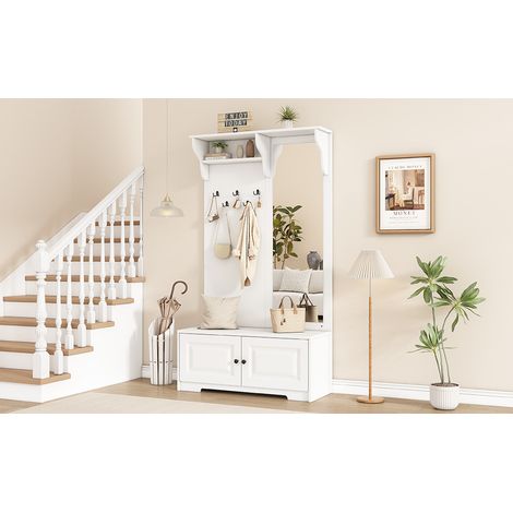 Mueble recibidor con espejo y zapatero blanco OKMYHOME (1/5)