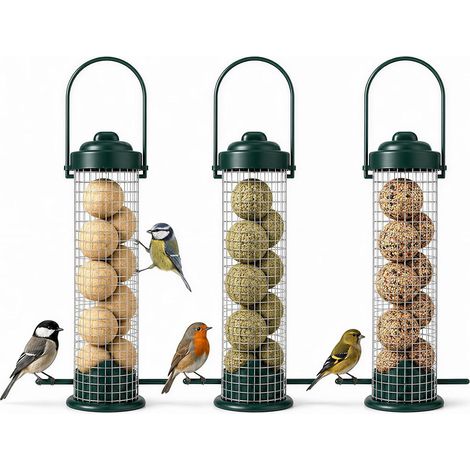 Lot de 3 porte-boules de graisse en métal, résistant aux intempéries, à suspendre, distributeur de nourriture pour oiseaux, pour jardin, balcon et oiseaux sauvages (1/5)