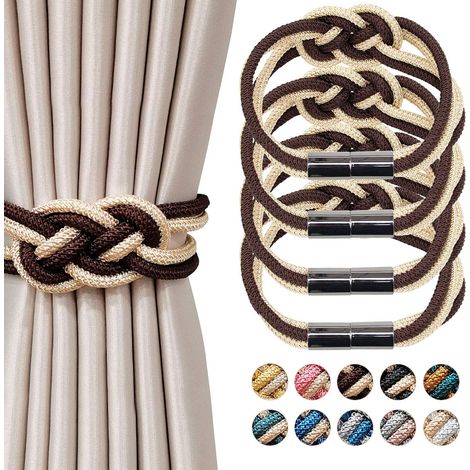 Set mit 4 magnetischen Vorhang-Raffhaltern im nordischen Stil, dekorative Raffhalter aus gewebtem Seil für Fenstervorhänge zu Hause und im Büro (Kaffee und Beige)