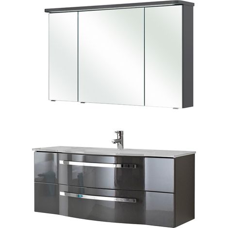 Badmöbel Waschtisch 120cm mit Glasbecken & Spiegel FES-4005-66 geschwungene Front in Quarzgrau Hochglanz lackiert - B/H/T: 122/200/49,1cm (1/5)