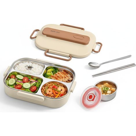 Boite Repas Étanche 1500ml + Bols à Soupe 250ml, Bento Lunch Box avec 4 Compartiments et Couverts, Boîte à Déjeuner en Acier (B)