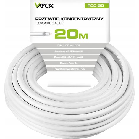 Cavo coassiale RG6U bianco PCC-20 da 20 m per installazioni di reti di antenne.