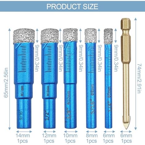 6 Pièces Foret Diamant Carrelage, Meche Carrelage, 6, 8, 10, 12, 14 mm Trépan Diamant et 6mm Foret en Alliage, Perçage à Sec et Humide, Foret Céramique pour Céramique, Granit, Marbre (1/4)