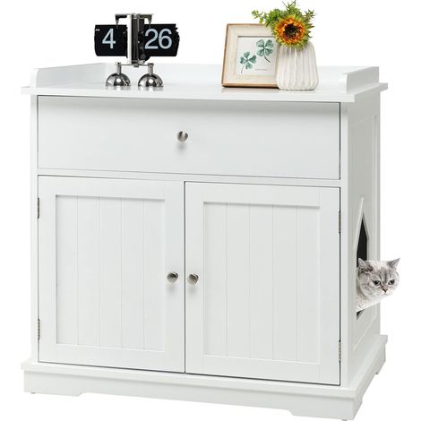 COSTWAY Mueble para Gatos, Cajón y 2 Puertas, Casa para Gatos 76 x 53 x 74 cm